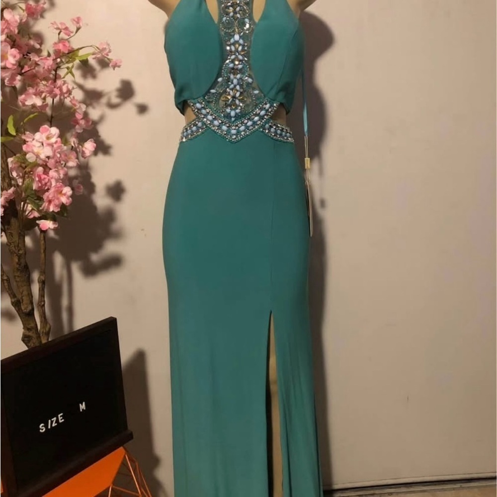 Blue Embellished Slit Halter Prom Gown